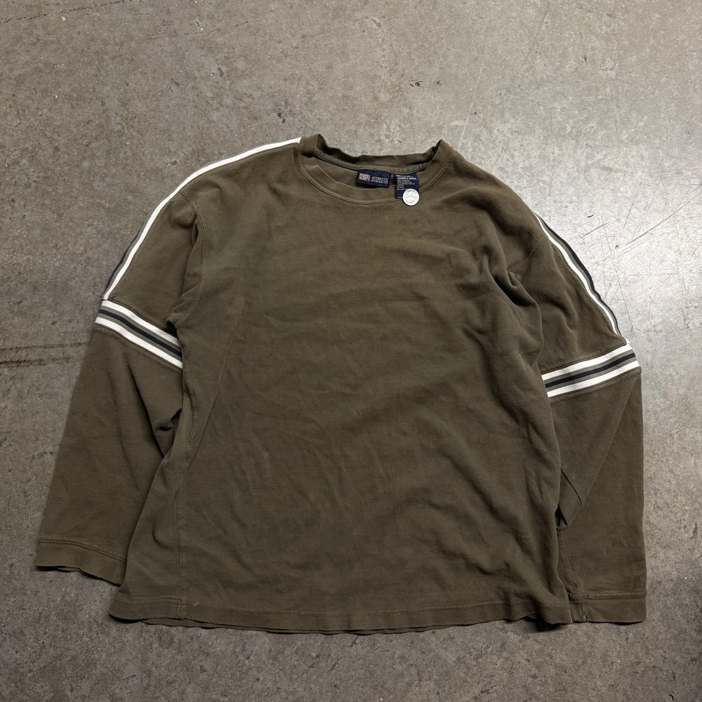 Faded Glory Mens Large Long Sleeve Thermal Shirt Olive Green Striped Sleeve 2291